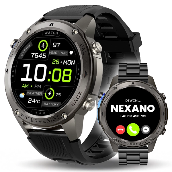 Smartwatch męski NEXANO NX56 grafitowy — front, duży ekran AMOLED